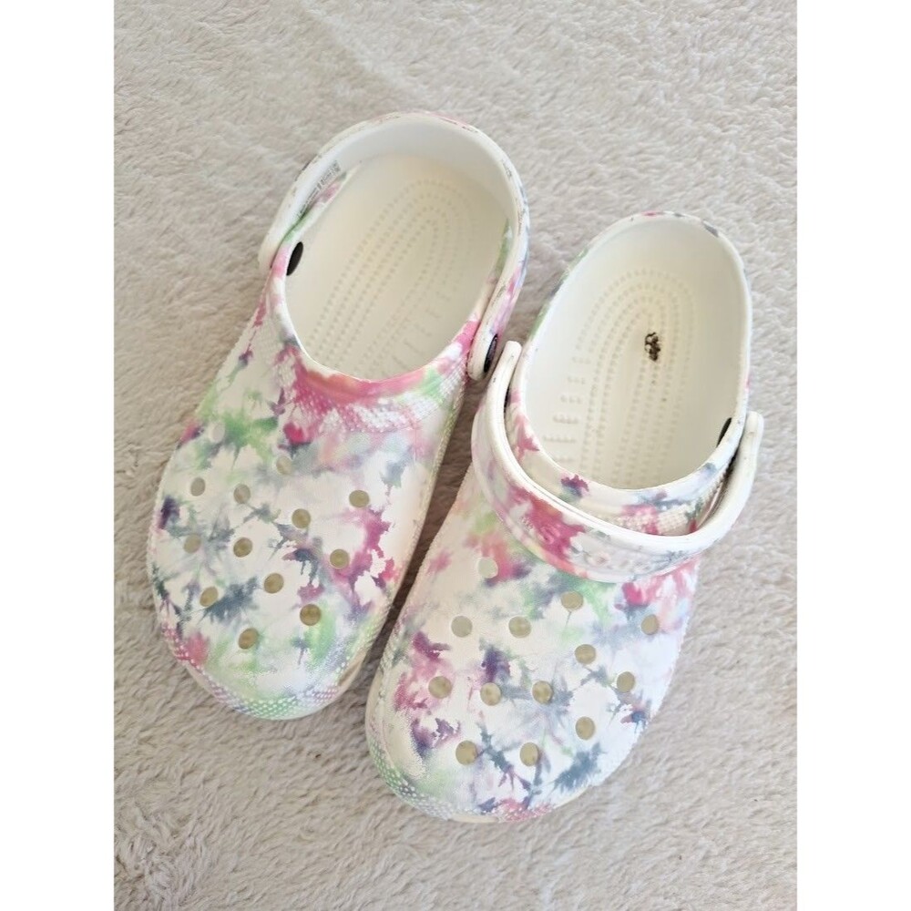 Crocs Classic Bleach Dye Clogs Womens 9 Mens 7 White Multi Pastel 207326